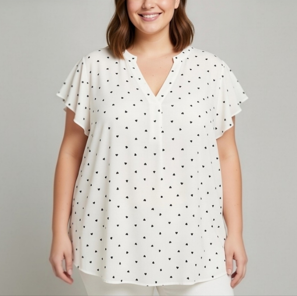 Sleeveless V-Neck Ruffle Shoulder Heart Blouse Romantic White Plus Size 4XL